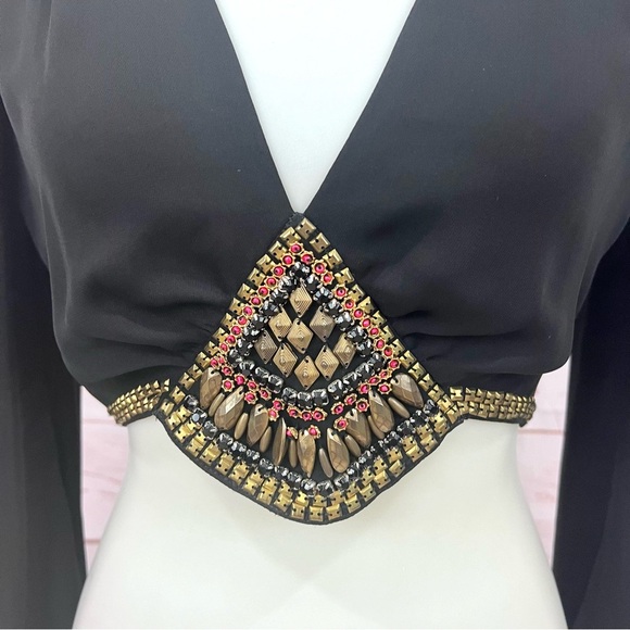 Bebe Boho Long Puffy Sleeved Black Beaded Embellished Crop Top - Picture 4 of 13